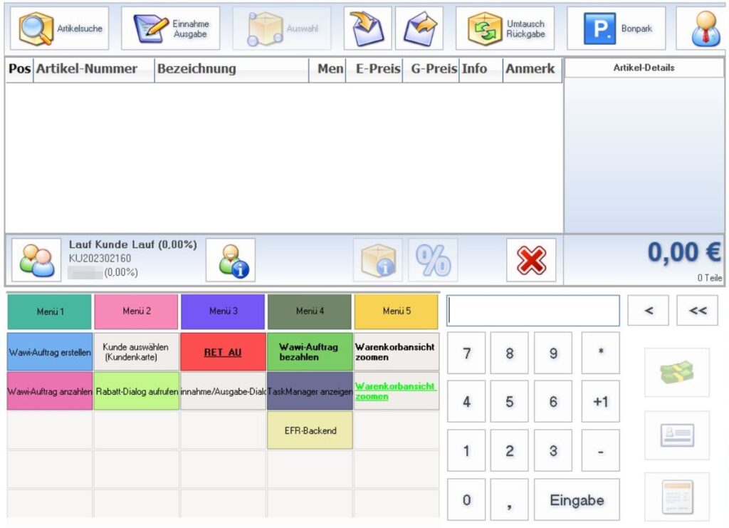 Bedienoberfläche des LUWOSOFT LS-POS Kassensystems mit Artikelnummern-Eingabe, Tastenfeld, Kundenanzeige und Aktionsbuttons für Verkaufsprozesse.