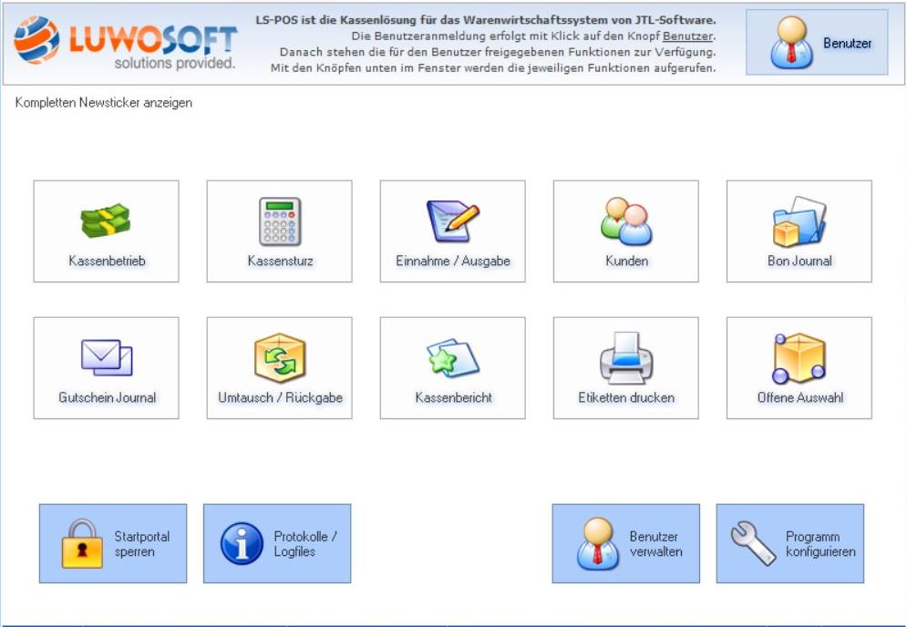 Startbildschirm der LUWOSOFT LS-POS Kassensoftware mit Icons für Kassentätigkeit, Kassensturz, Kundenverwaltung, Gutscheinjournal, Rückgaben, Benutzerverwaltung und weitere Funktionen.