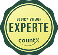 EU Umsatzsteuer Experte – offizielles countX-Zertifikat für Umsatzsteuer-Compliance. Kennzeichnet zertifizierte Partner mit Expertise in digitaler, automatisierter Steuerabwicklung auf europäischer Ebene.